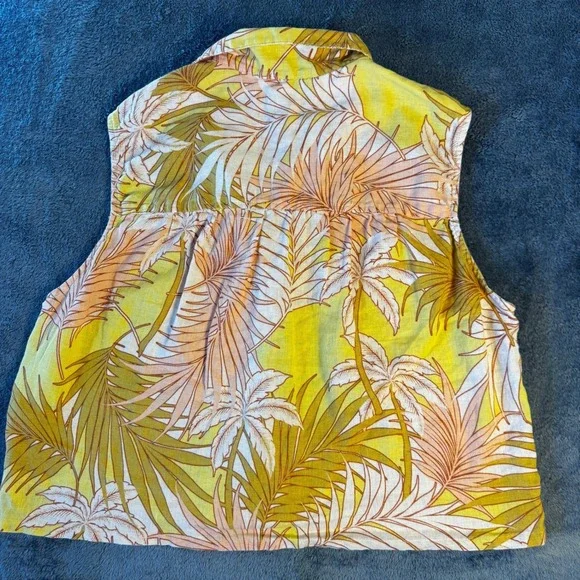 Tahari Women XL 100% Linen Sleeveless Shirt Yellow Tropical Palm Tree Resort - Picture 5 of 5